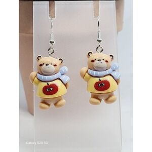 Handmade Resin Teddy‎ Bear Earrings Yellow Sweater Blue Scarf Apple Charm Dangle